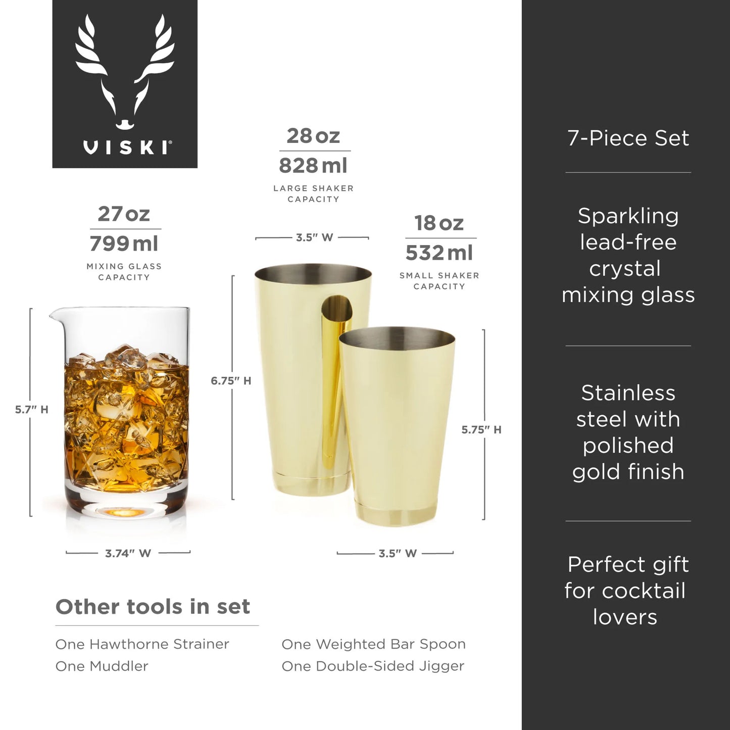 Viski Gold 7-Piece Bar Essentials Set | Professional Home Bar Tool Kit