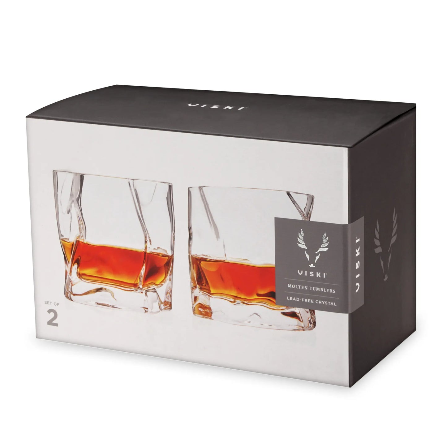 Viski Molten Crystal Whiskey Tumblers — Set of 2 | Sculptural Art Glass for Home Bar