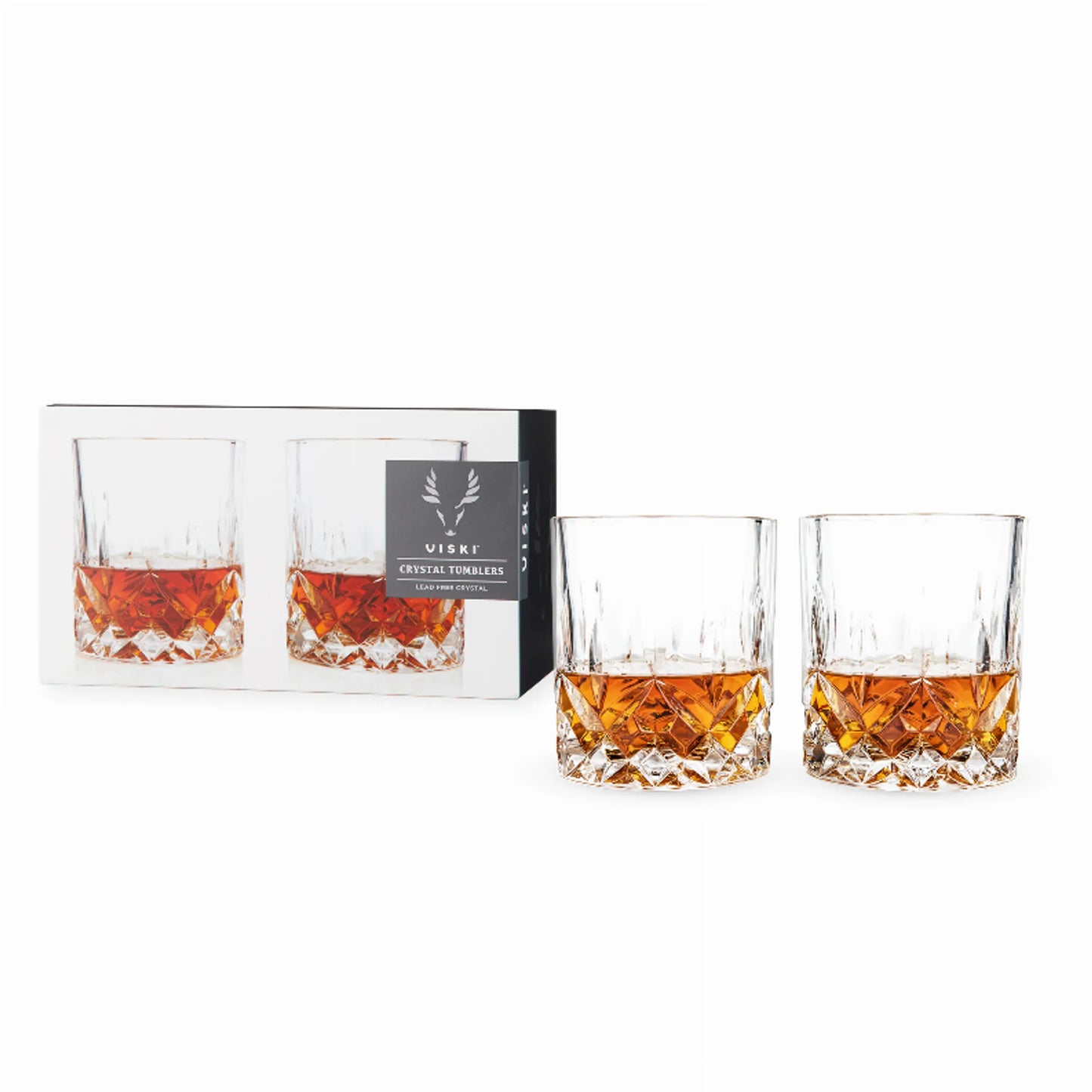 Viski Admiral Crystal Whiskey Tumblers — Set of 2 | Faceted Lead-Free Crystal Rocks Glasses