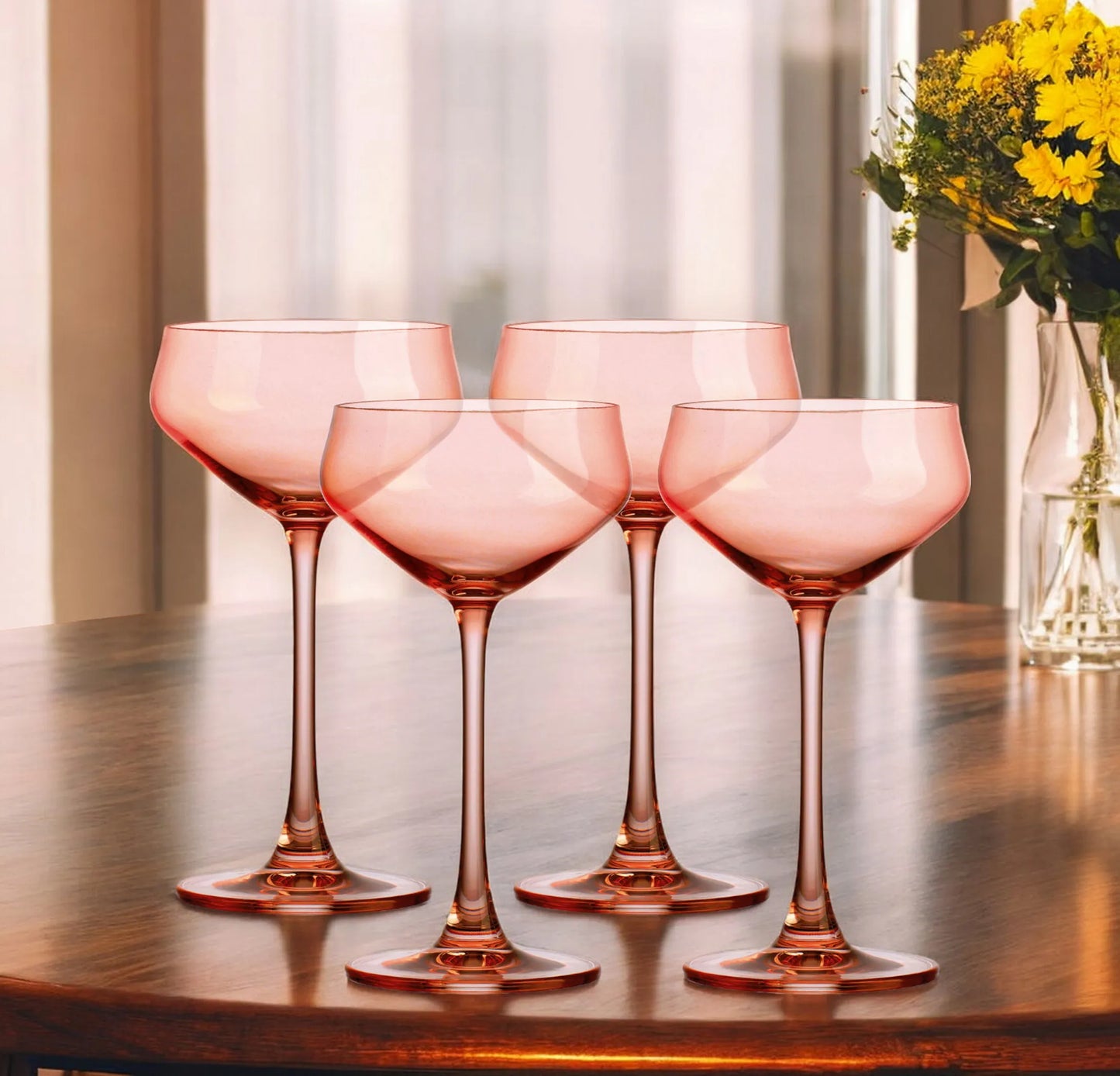 Coral Crystal Shallow Bowl Stemmed Coupe - Set of 4