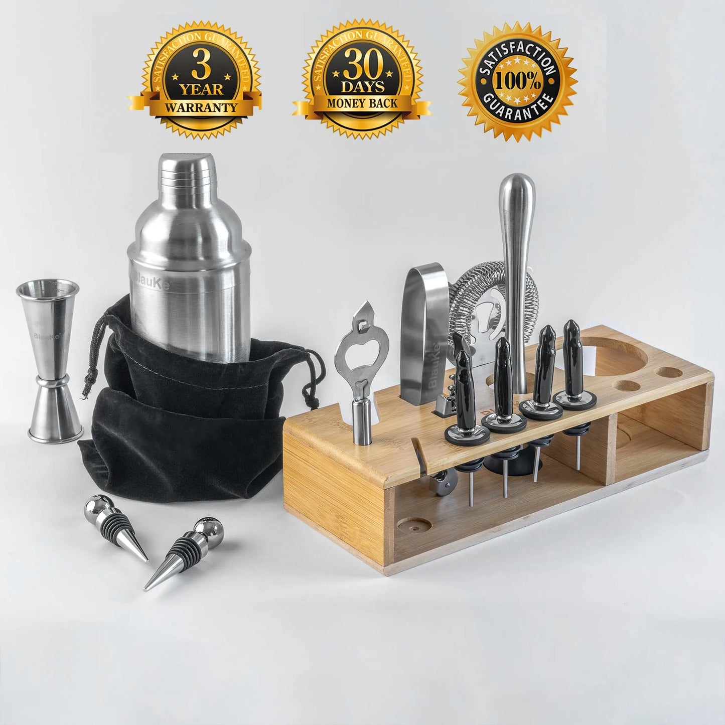Stainless Steel Cocktail Shaker Set with Stand - 17-Piece Mixology Bartender Kit, Bar Set - 25oz Martini Shaker, Jigger, Strainer, Muddler, Mixing Spoon