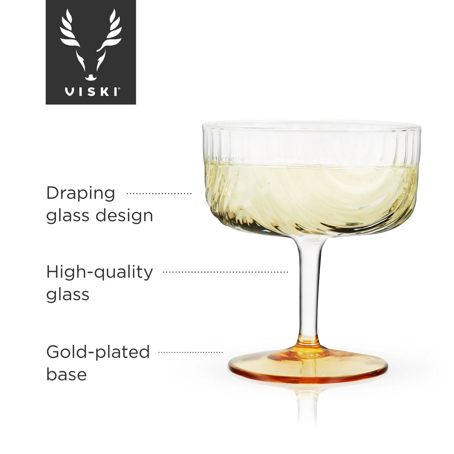 Viski Gatsby Gold Crystal Coupes — Set of 2 | Art Deco Cocktail Coupe Glasses