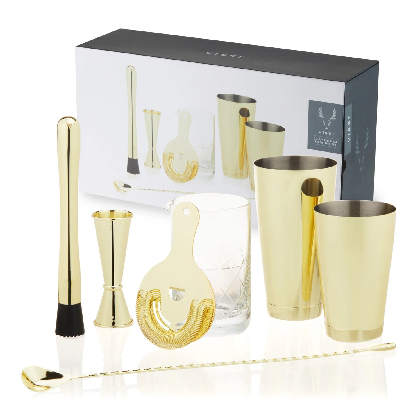 Viski Gold 7-Piece Bar Essentials Set | Professional Home Bar Tool Kit