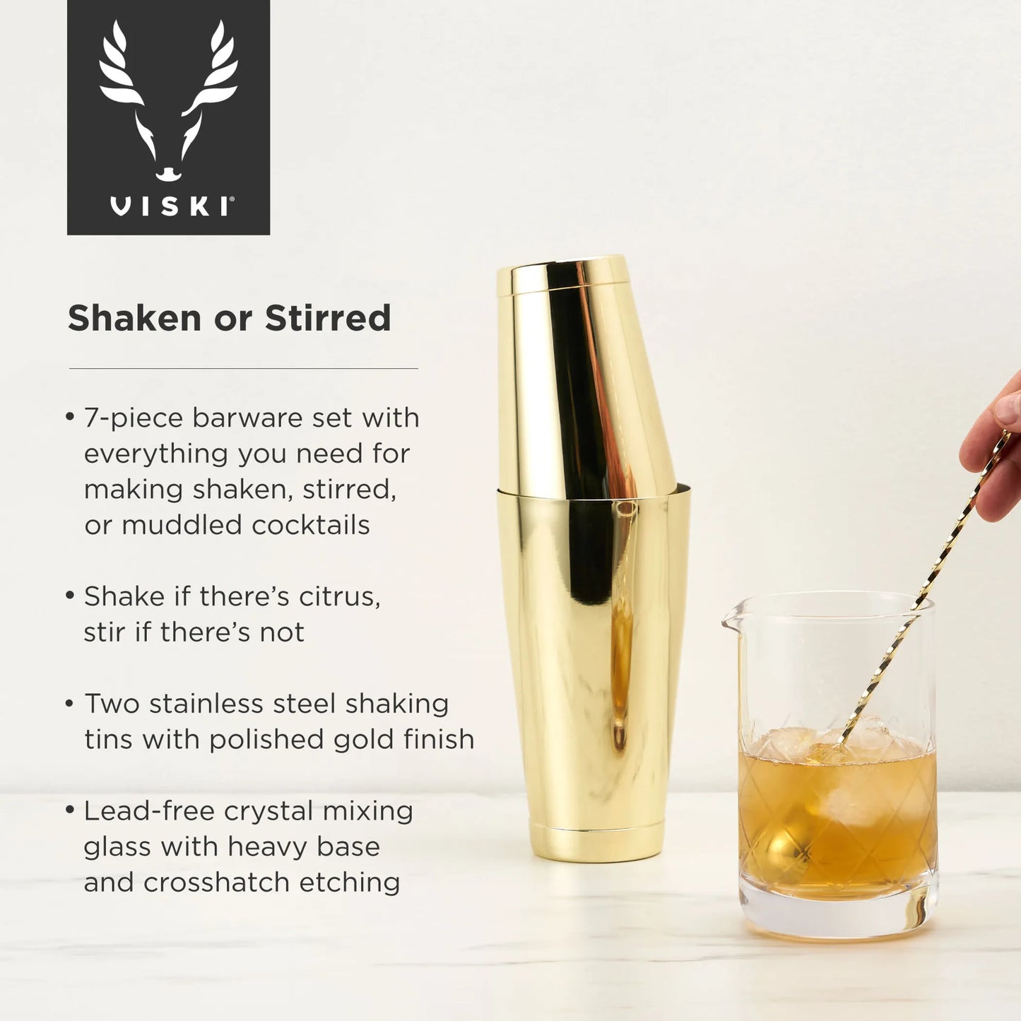 Viski Gold 7-Piece Bar Essentials Set | Professional Home Bar Tool Kit