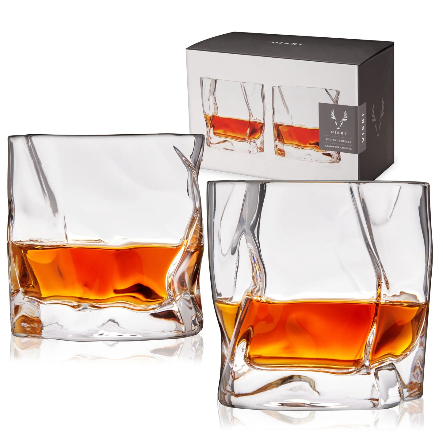 Viski Molten Crystal Whiskey Tumblers — Set of 2 | Sculptural Art Glass for Home Bar