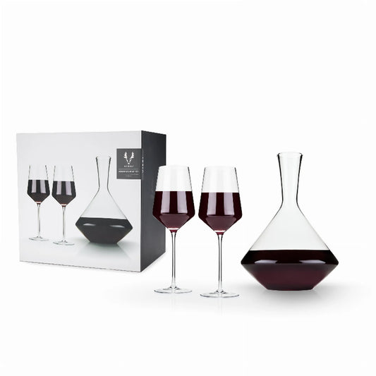3-Piece Angled Crystal Bordeaux Set by Viski | Wine Decanter and Stemmed Glasses Set