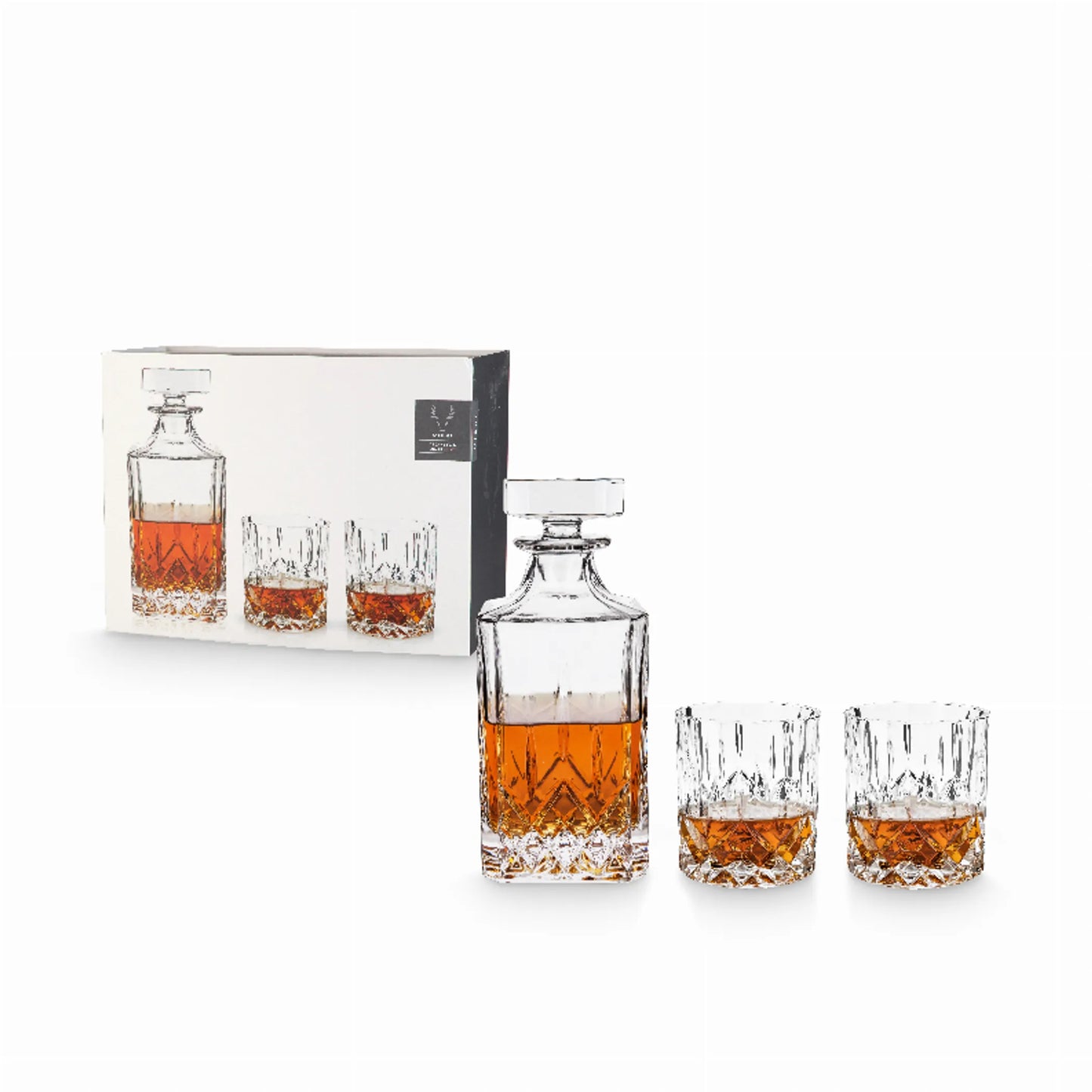 Viski Admiral Crystal Decanter & Tumbler Set — 3-Piece | Home Bar Whiskey Decanter Set
