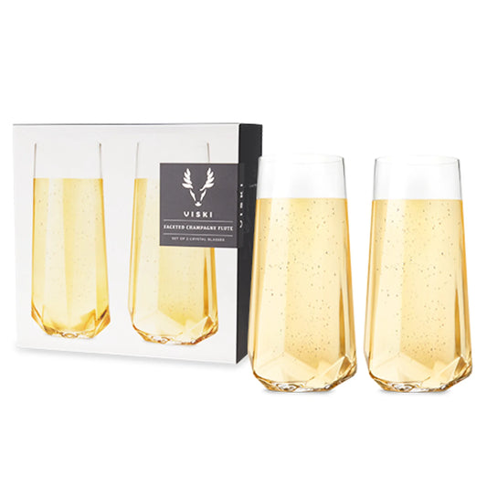Faceted Crystal Stemless Champagne Flutes by Viski — Set of 2 | Lead-Free Crystal Sparkling Wine Glasses