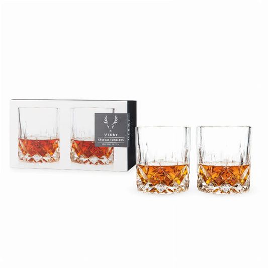 Viski Admiral Crystal Whiskey Tumblers — Set of 2 | Faceted Lead-Free Crystal Rocks Glasses